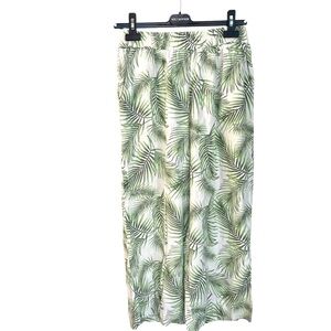 ANNE CARSON Linen Wide Leg Cropped Pants Tropical Leaf Print White Green L